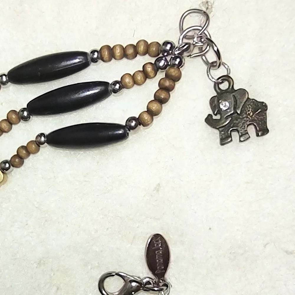Tri-strand Black Beaded Wooden Beads Antique Gold Bracelet Elephant Charm